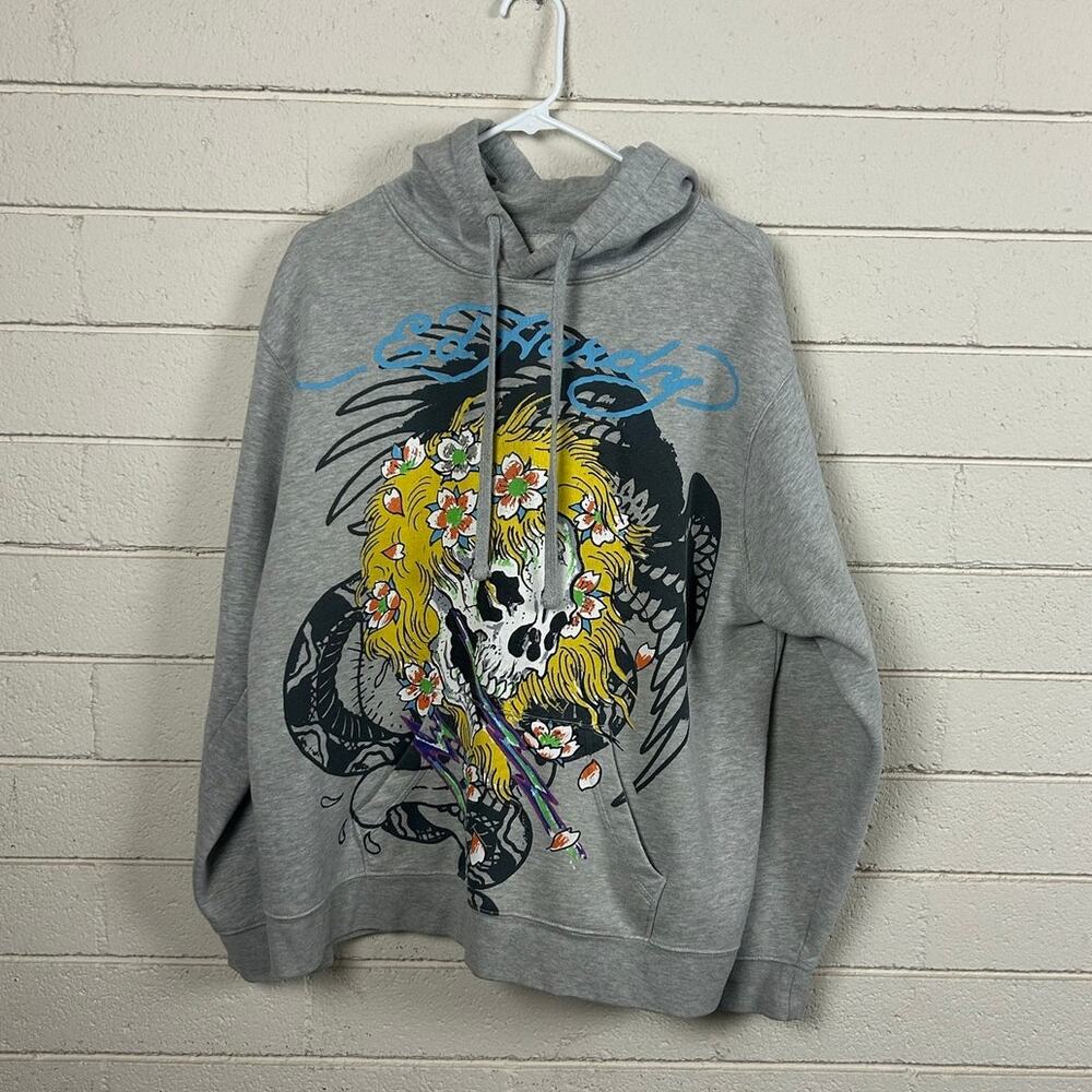 Ed Hardy Yellow Hair Skull Grey Hoodie size XL